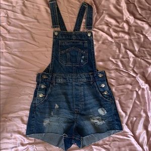 distressed overall shorts